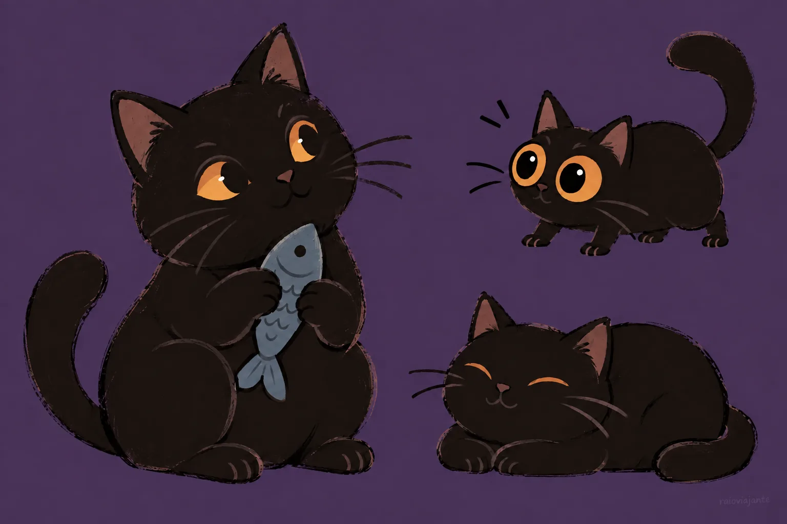 Three black cats with orange eyes, one holding a fish