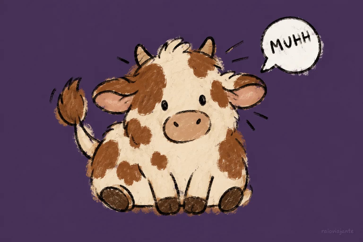A fluffy cow saying muhh on purple