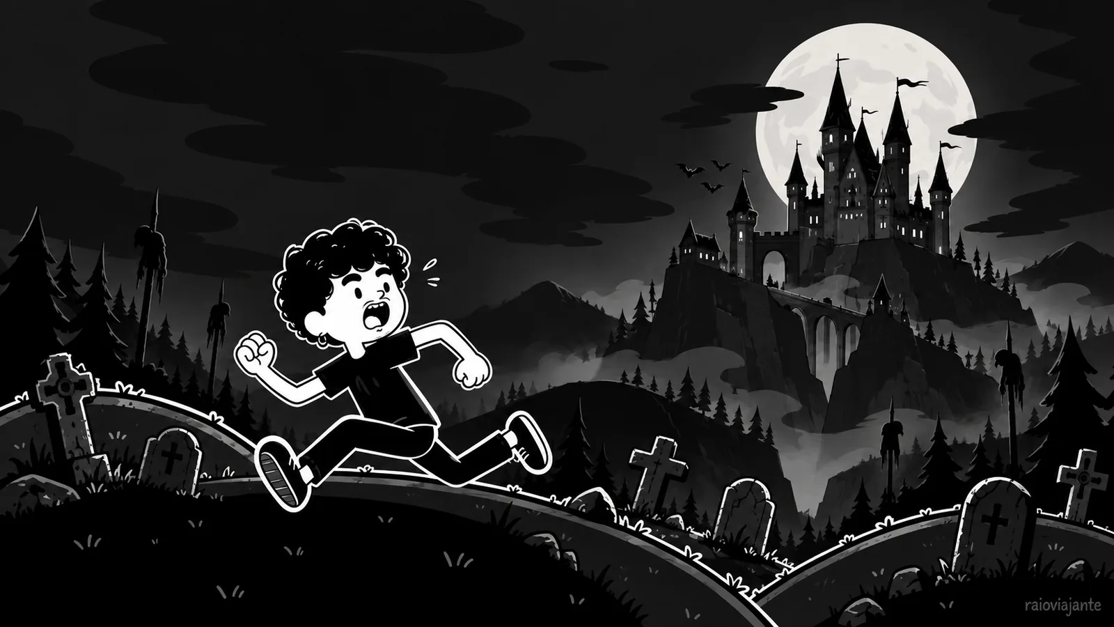 RaioViajante running through a graveyard toward a castle under a full moon