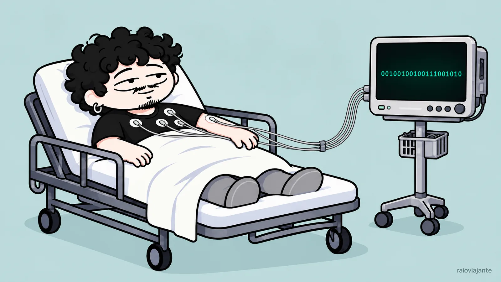 RaioViajante in a hospital bed next to a monitor showing binary