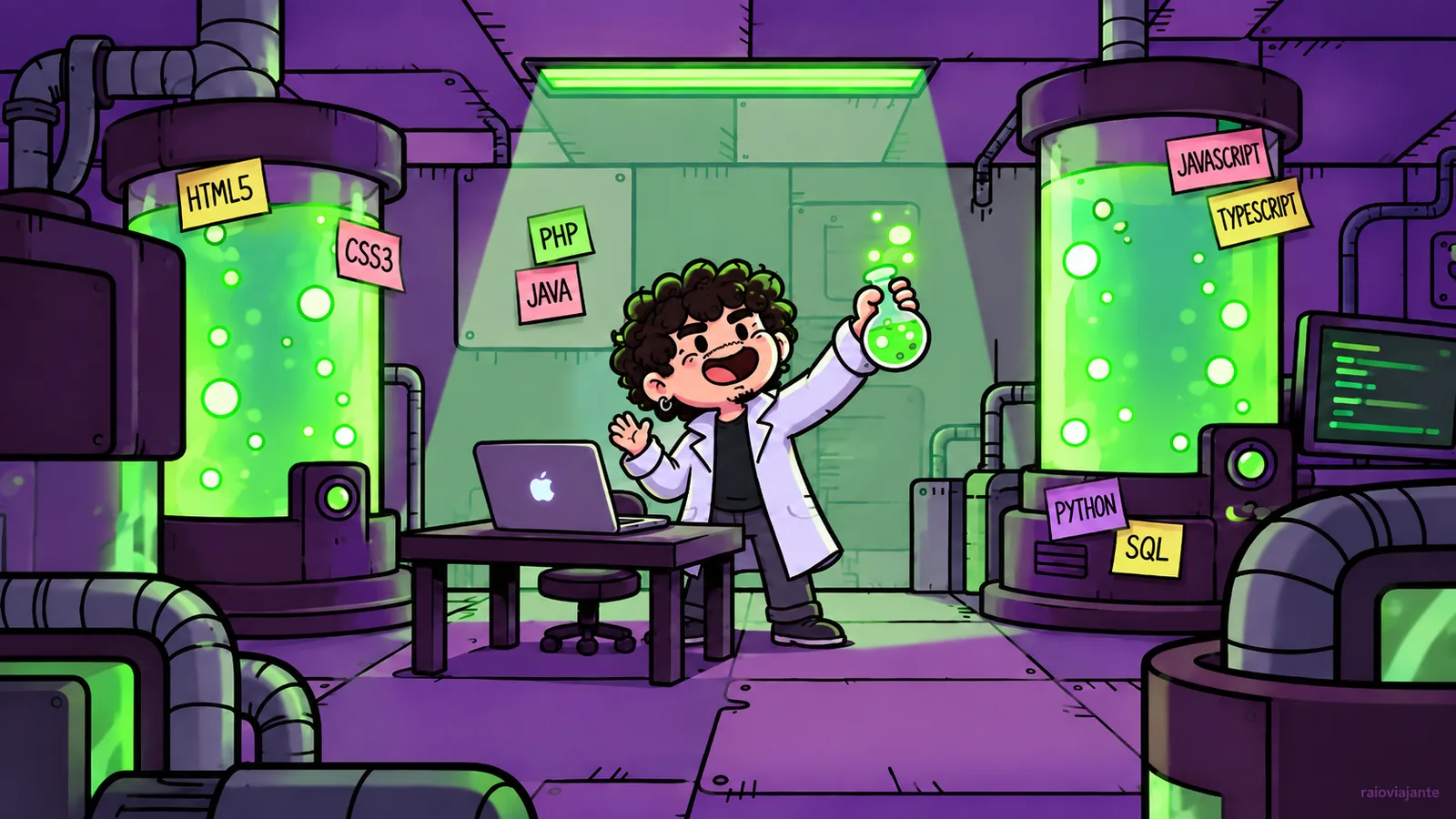 RaioViajante in a lab coat holding a green flask among glowing tanks labelled with languages