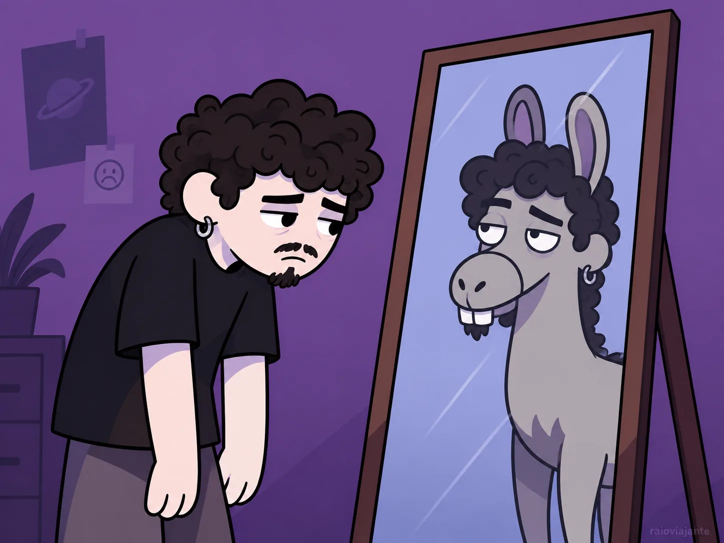 RaioViajante looking at a mirror that reflects him as a donkey