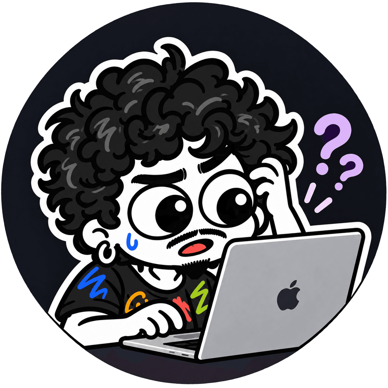 RaioViajante scratching his head at a laptop, two question marks beside him