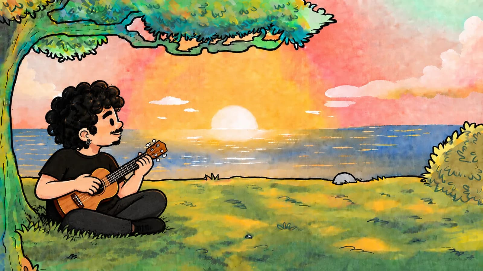 RaioViajante playing ukulele under a tree at sunset by the sea